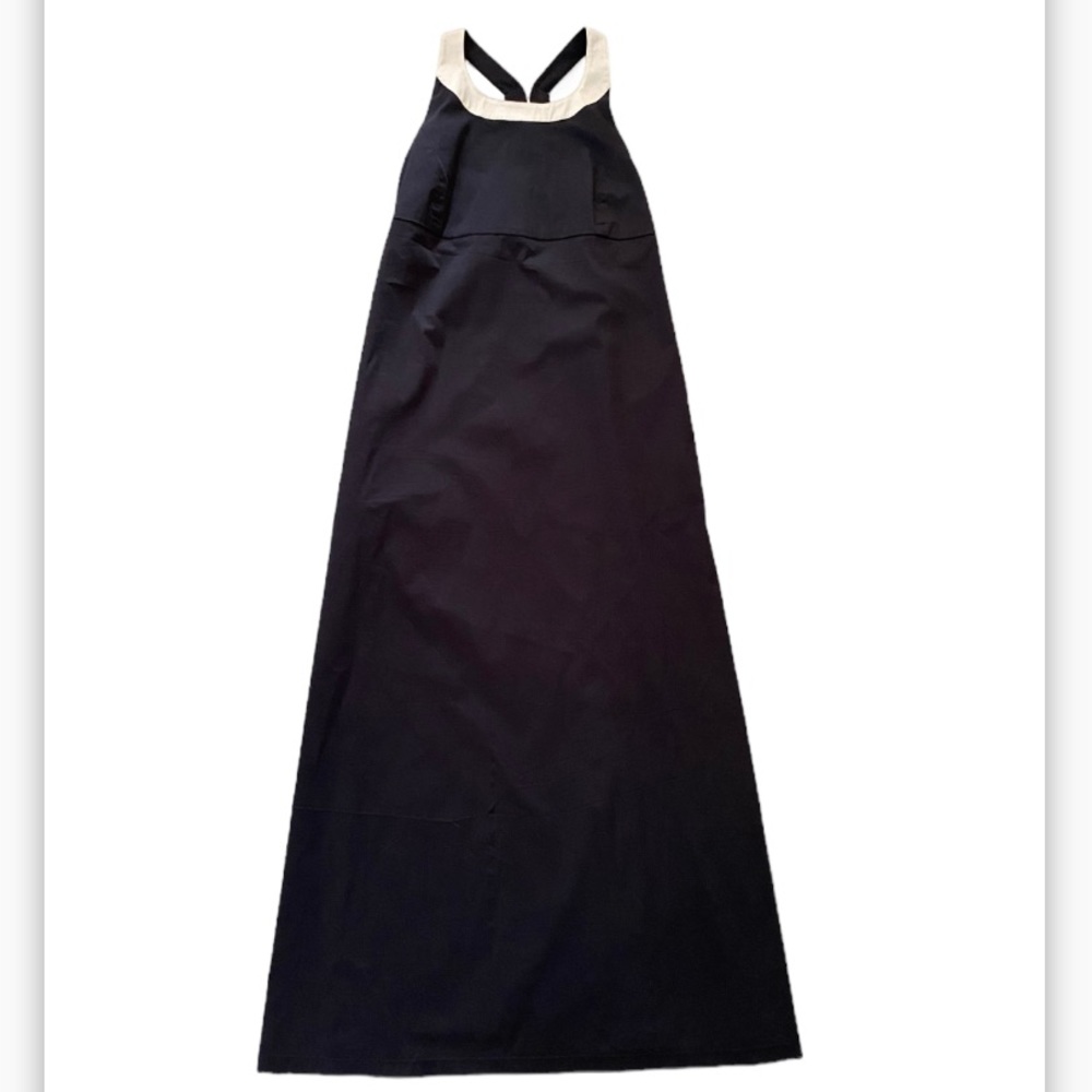 MaxMara Black Maxi Dress Ivory trim. Sz 8 With Side Pockets